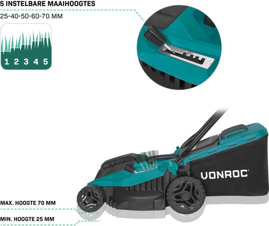 Turquoise grasmaaier met 5 instelbare maaihoogtes van 25-70 mm, met een close-up van de maaimechanisme.