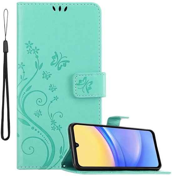 Étui Cadorabo pour Samsung Galaxy A16 en FLOWERS TURQUOISE - Étui de protection à motif floral avec fermeture magnétique, fonction support et emplacements pour cartes Book Case Cover Etui
