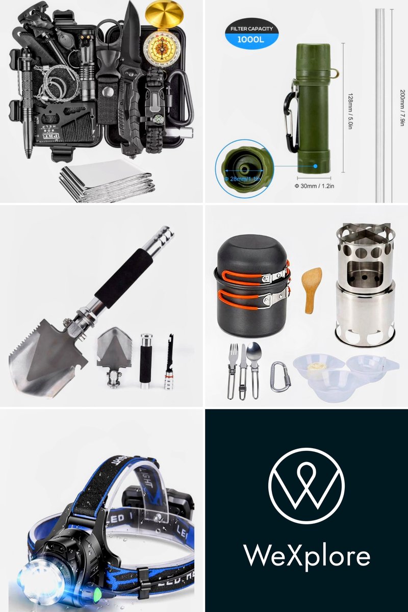 Compleet overlevingspakket – WeXplore – Noodpakket met waterfilter, pannenset, schep en lamp