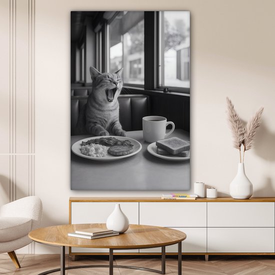 Canvas schilderij 80x120 cm - Exclusieve wanddecoratie Kat - Koffie - Brood - Zwart - Muurdecoratie woonkamer - Slaapkamer decoratie - Kamer accessoires - Schilderijen op canvas