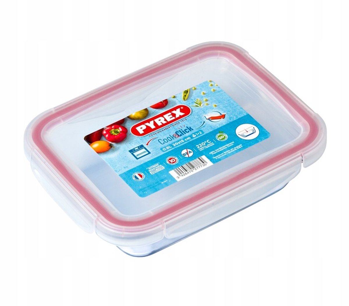 COOK&CLICK Pyrex 0,8 L Hittebestendige, luchtdichte glazen bewaardoos met afdichting