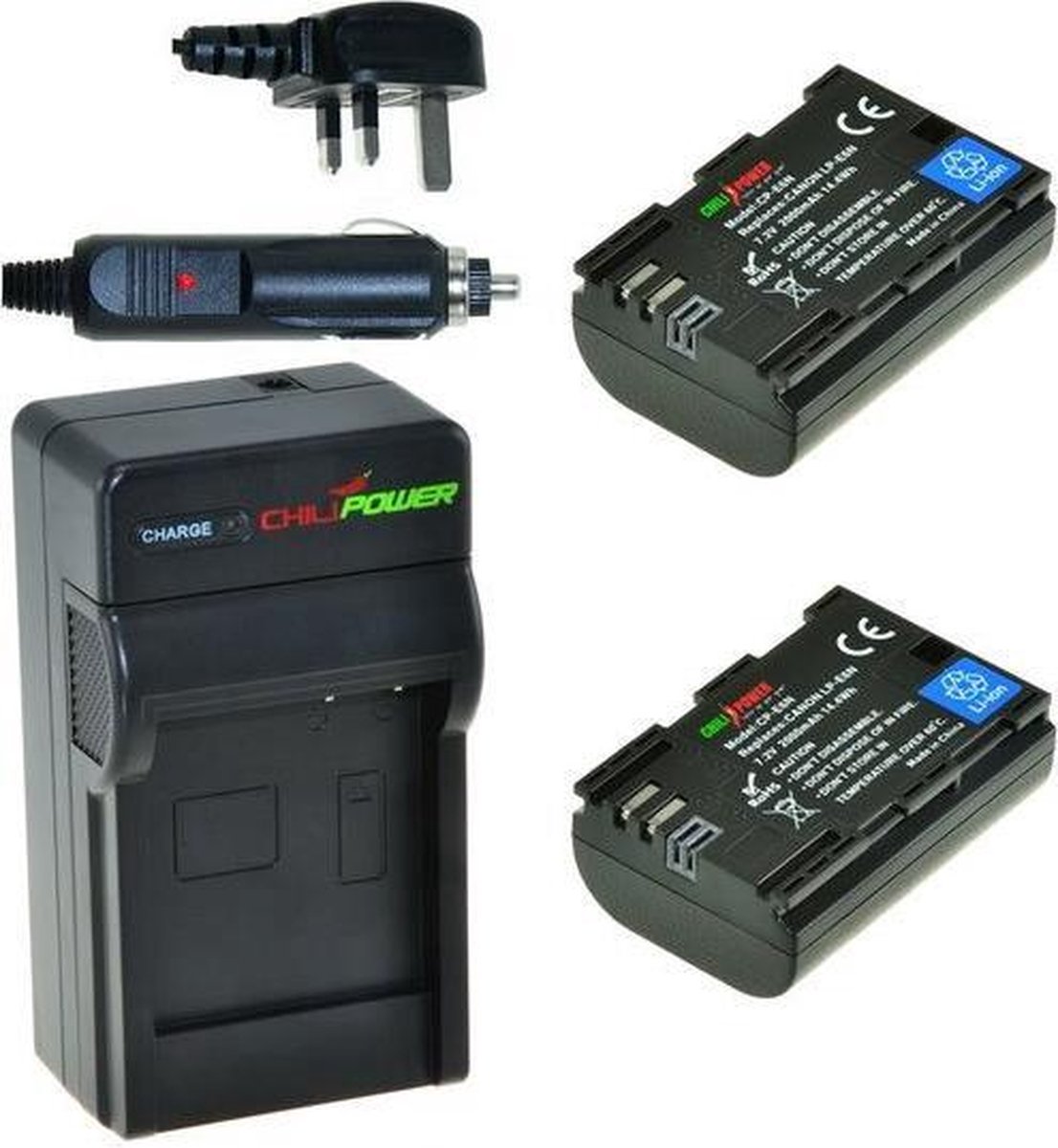ChiliPower 2 x LP-E6N accu's voor Canon - Charger Kit + car-charger - UK version