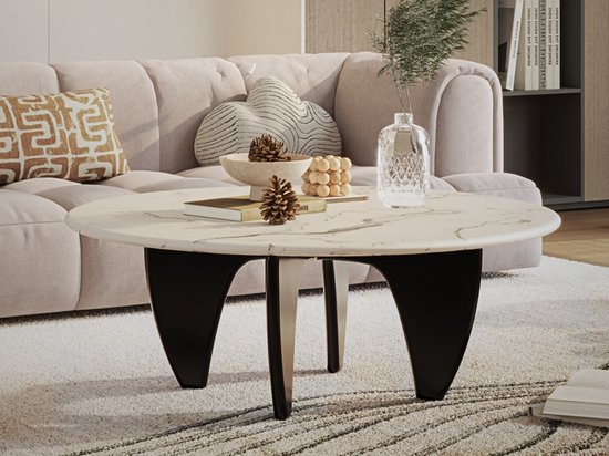 Salontafel Zwart - Hout - Marmer Blad - Rond - Tafel