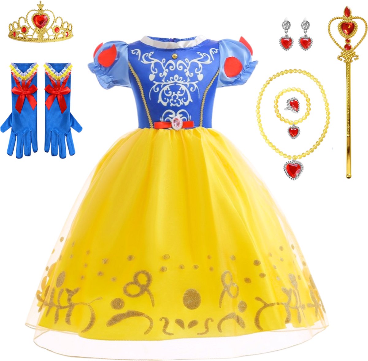 Joya Kids® Sneeuw Prinses Verkleedjurk Meisjes | Prinsessenjurk Blauw en Geel met Accessoires | Kroon, Staf, Handschoenen & Sieraden | Verkleedset Prinses Meisje | Carnaval & Verjaardag | — afbeelding 2