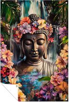 Boeddha met kleurrijke bloemen - Boeddha tuindecoratie - Tuinschilderij beeld - Surrealistisch - Tuin - Tuindecoratie wanddecoratie - Tuinposter 30x45 cm