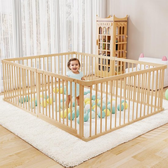 Lucellia® Prime Wood Grondbox Baby - Speelbox - Kinderbox Hout - Playpen - Kruipbox - Babypark - Babybox Beige Connectoren - Slim Kliksysteem - Vast Model - Verstelbaar in twee formaten 120x160 cm of 140x140 cm - EU Gecertificeerd