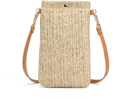 Strogeweven crossbodytassen voor vrouwen, casual mobiele telefoontassen, strogeweven bijpassende schoudertas Zomerstrandtas voor vrouwen Verticale eenvoudige mobiele telefoon schoudertas - Beige