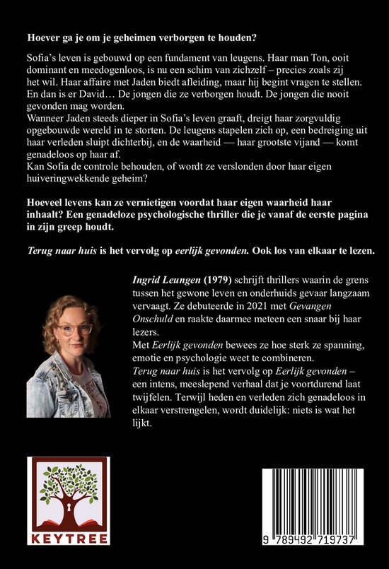 Achterkant van een boek met tekst en een portret van de auteur Ingrid Leungen.
