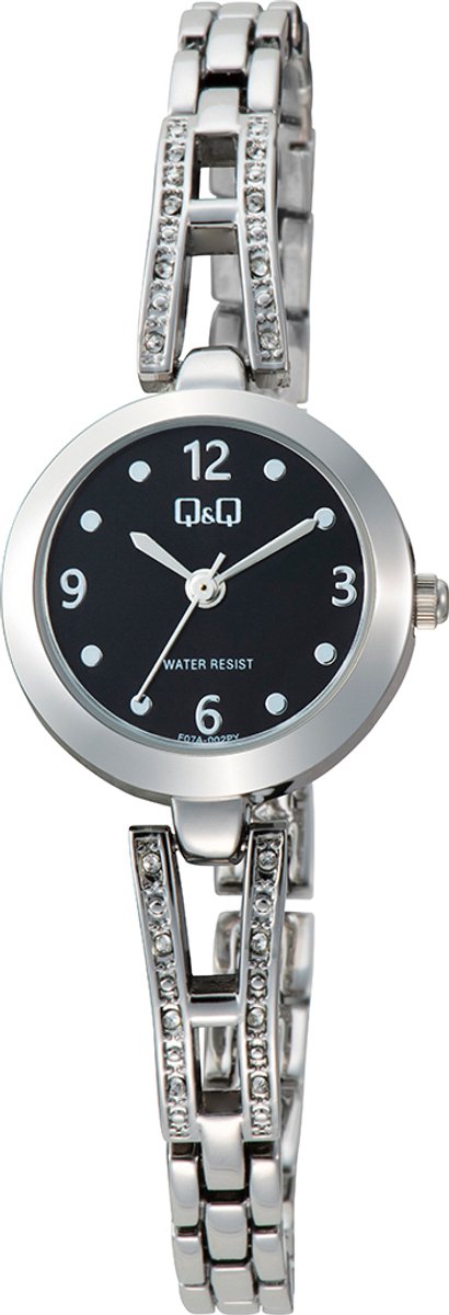 QQ F07A-002PY - Horloge - Polshorloge - Analoog - Dames - Vrouwen - Stalen band - Briljanten - Rond - Metaal - Cijfers - Stippen - Zilverkleurig - Zwart