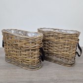 Plantenmand - Vensterbankmand - Set van 2 - Rotan - Met leren riem - Houten bodem - Hoogte 30 cm
