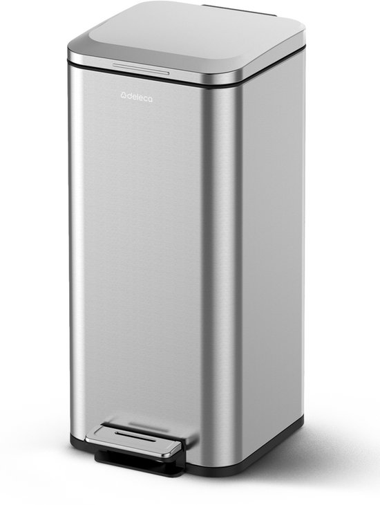 Prullenbak Deleca Prestige 30 litres - Avec pédale et fermeture lente - Poubelle à pédale - Acier inoxydable mat Argent