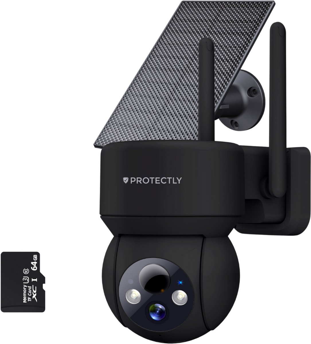 Protectly® Beveiligingscamera Draadloos Buiten – 3K Ultra HD - Camerabewaking - Bewakingscamera Voor Buiten - Buitencamera - Buiten Camera Met Nachtzicht - Camera Beveiliging - Oplaadbaar - Met WiFi en APP - Incl. 64GB SD - Incl. Zonnepaneel - Zwart
