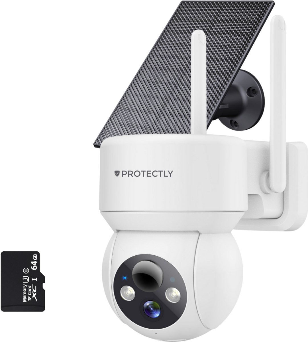 Protectly® Beveiligingscamera Draadloos Buiten – 3K Ultra HD - Camerabewaking - Bewakingscamera Voor Buiten - Buitencamera - Buiten Camera Met Nachtzicht - Camera Beveiliging - Oplaadbaar - Met WiFi en APP - Incl. 64GB SD - Incl. Zonnepaneel - Wit