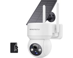 Protectly® Beveiligingscamera Draadloos Buiten – 3K Ultra HD - Camerabewaking - Bewakingscamera Voor Buiten - Buitencamera - Buiten Camera Met Nachtzicht - Camera Beveiliging - Oplaadbaar - Met WiFi en APP - Incl. 64GB SD - Incl. Zonnepaneel - Wit