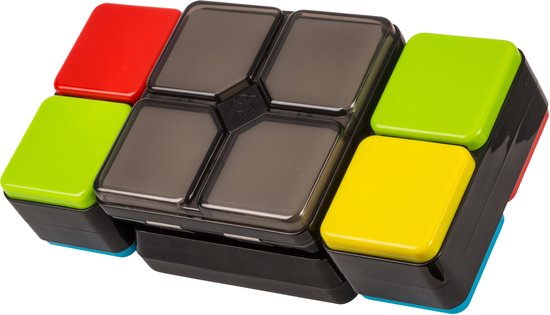 Flipslide spel met rode, gele, groene en blauwe blokjes, zonder de oplichtende functie.
