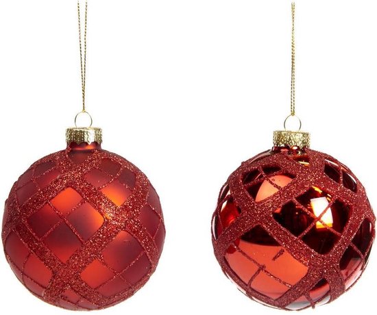 Goodwill Kerstbal Tartan ball Glas Rood  H 8 cm  Voordeelaanbod assortiment van 2 stuks