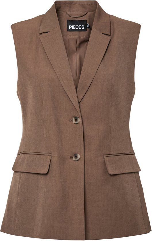 Bruine gilet met revers, twee knopen en klepzakken.