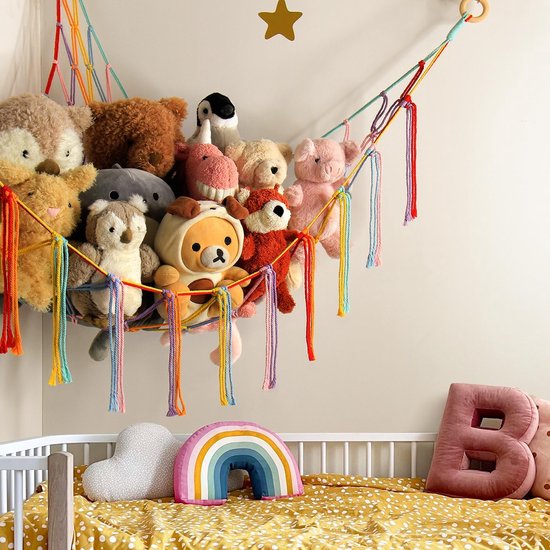 Geweven speelgoedopbergnet - Pluche speelgoedhoekopbergnet - Hoekdriehoek speelgoednet - Perfect voor babykamers en kinderkamers - Regenboogkleuren — afbeelding 4