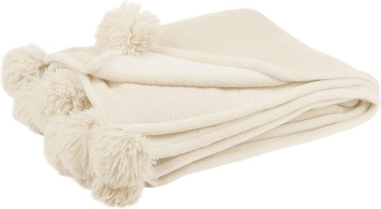 J-Line Plaid Pompom - fleece deken - polyester - licht beige - 170 x 130 cm - woonaccessoires