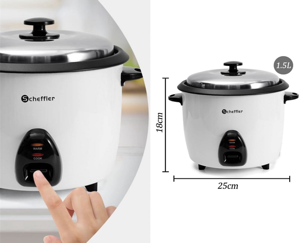 Scheffler Rijstkoker 1.5L – Kleine Multicooker met Warmhoudfunctie – Antiaanbaklaag – Inclusief Rijstlepel & Maatbeker – RVS Deksel – 500W – foto 5