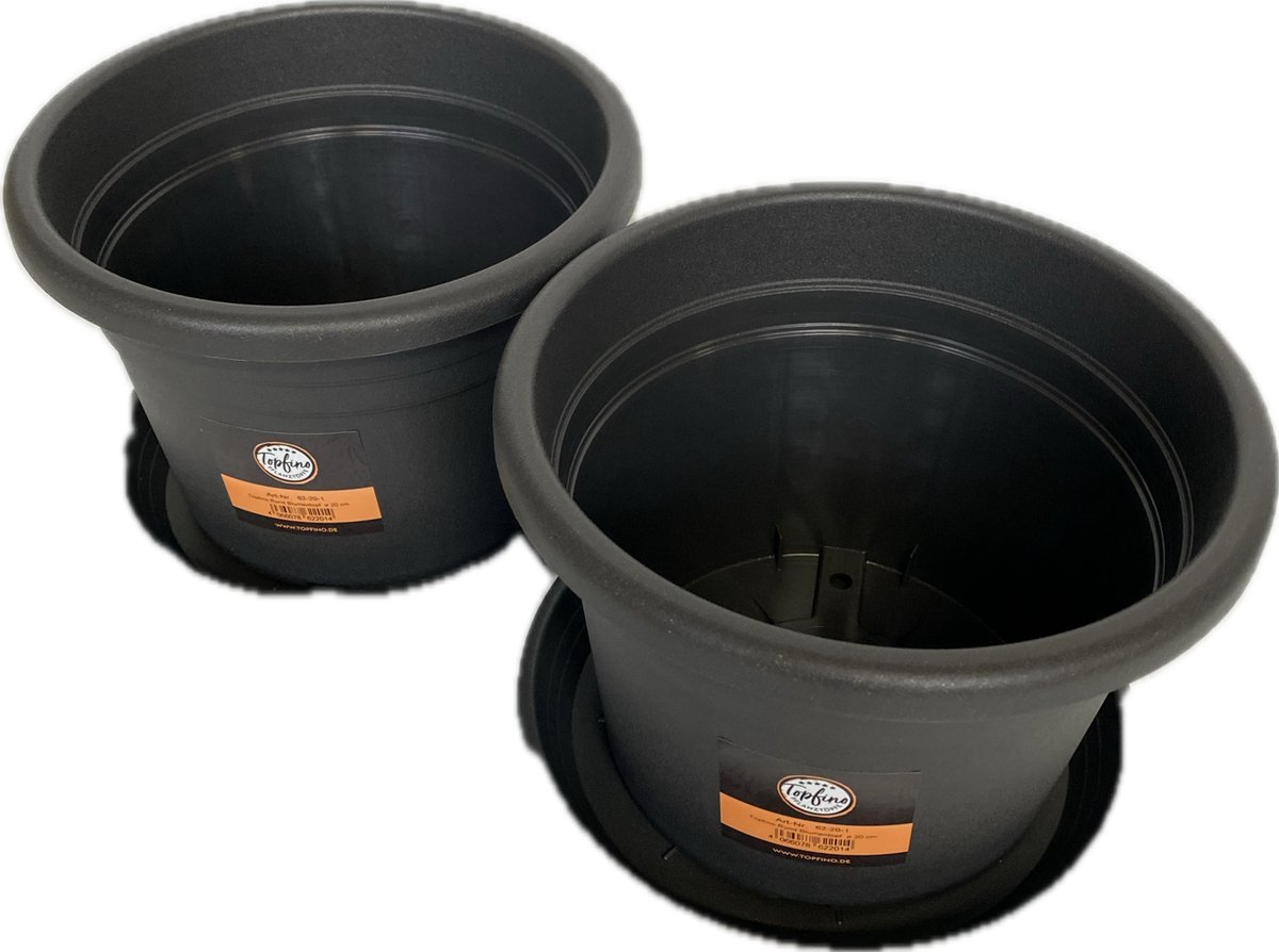 Set van 2 stuks - Bloempotten met Onderzetters - Plantenpot met Schotel - 20 x 14 cm - Kunststof - Antraciet