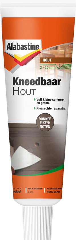 Tube Alabastine Kneedbaar Hout Donker Eiken/Noten. Vult kleine scheuren en gaten. Kleurechte reparatie.