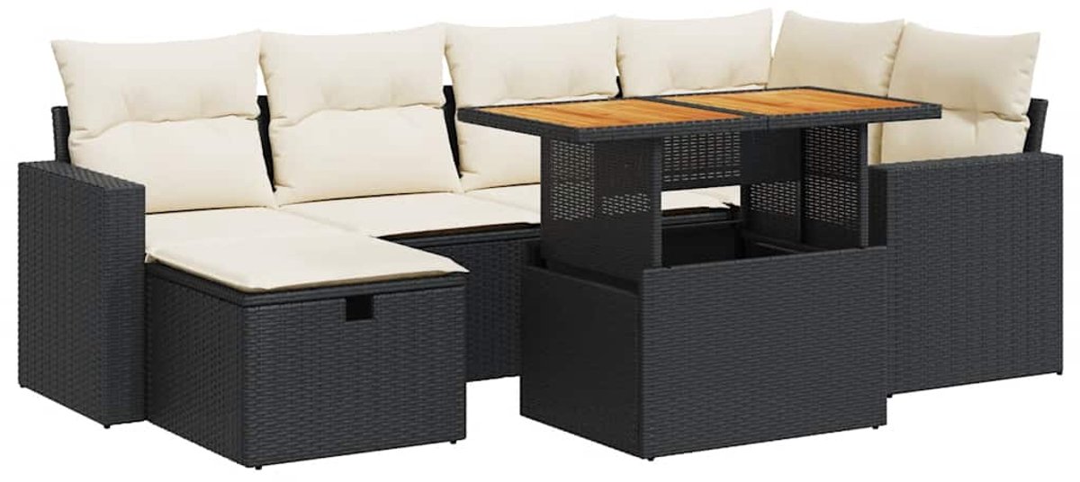 vidaXL 8-delige - Loungeset - met - kussens - poly - rattan - acacia - zwart beige