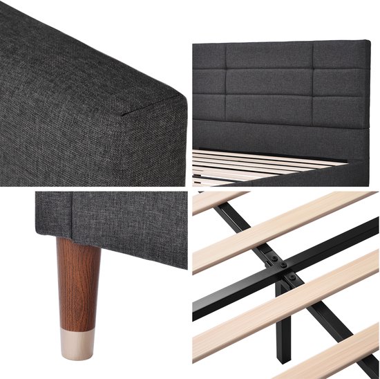 Lit double 140x200cm - Tête de lit capitonnée, lin, gris foncé (sans matelas)