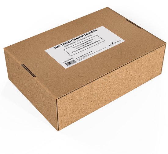 Bruine kartonnen verpakking met het Seranova-logo en productinformatie voor een elektrisch warmtekussen.