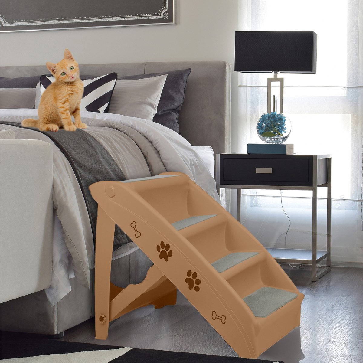 SUBTLETY Hondentrap, inklapbare huisdiertrap van kunststof met 4 antislip treden, kattentrap, trappen voor honden, katten, dierentrap, voor bed, bank, auto, belastbaarheid tot 75 kg (bruin