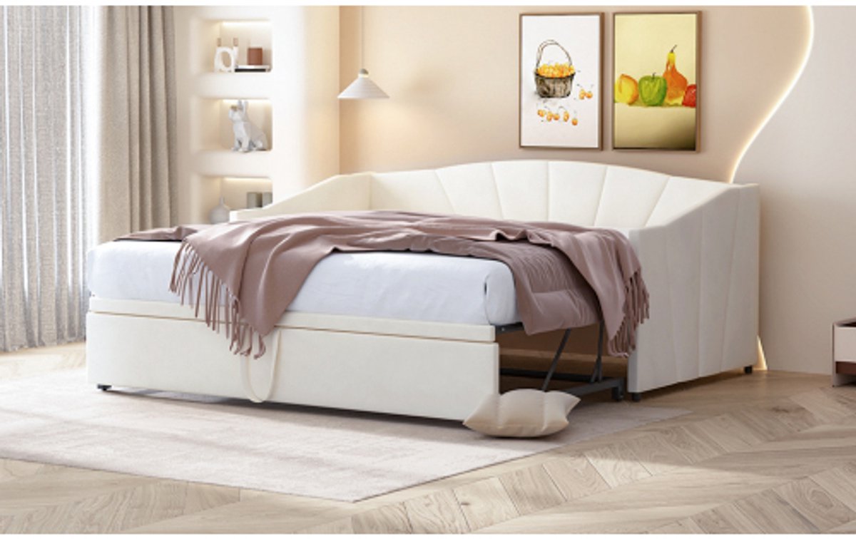 Gestoffeerd bed, uitschuifbare slaapbank 90/180*200 cm met lattenbodem, multifunctioneel bed van huidvriendelijke fluwelen stof, white