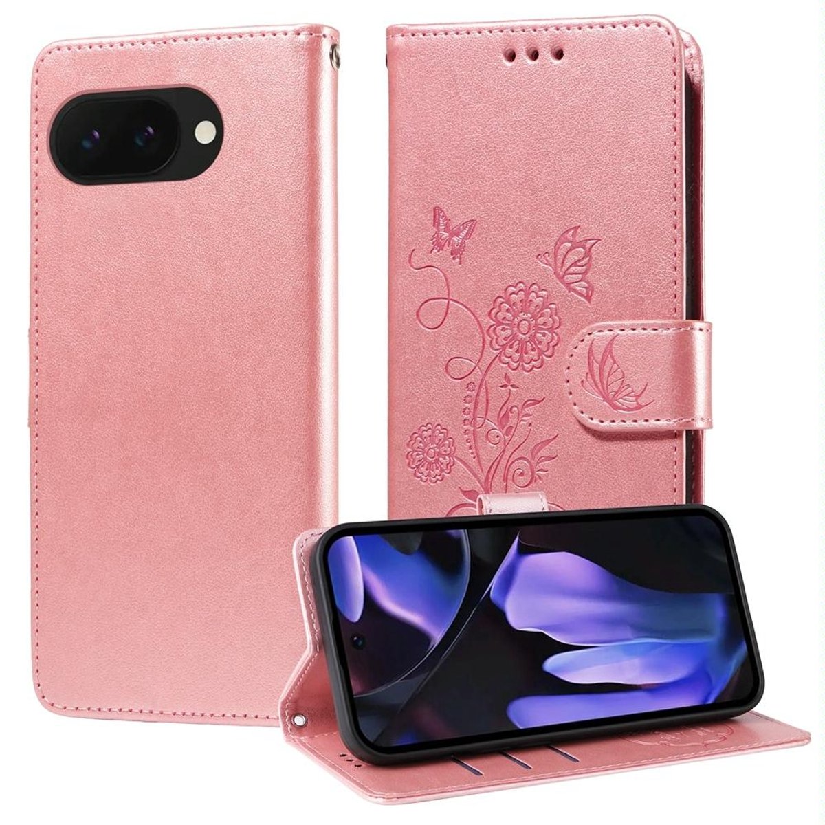 Mobigear Telefoonhoesje geschikt voor Google Pixel 9a Hoesje | Mobigear Flowers Bookcase Portemonnee | Pasjeshouder voor 3 Pasjes | Telefoonhoesje voor Pinpas / OV Kaart / Rijbewijs - Roségoud