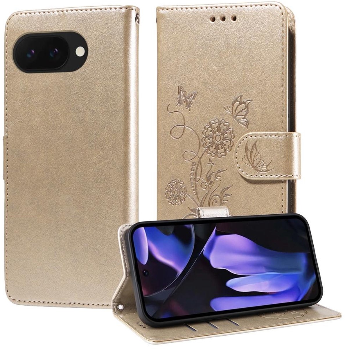 Mobigear Telefoonhoesje geschikt voor Google Pixel 9a Hoesje | Mobigear Flowers Bookcase Portemonnee | Pasjeshouder voor 3 Pasjes | Telefoonhoesje voor Pinpas / OV Kaart / Rijbewijs - Goud