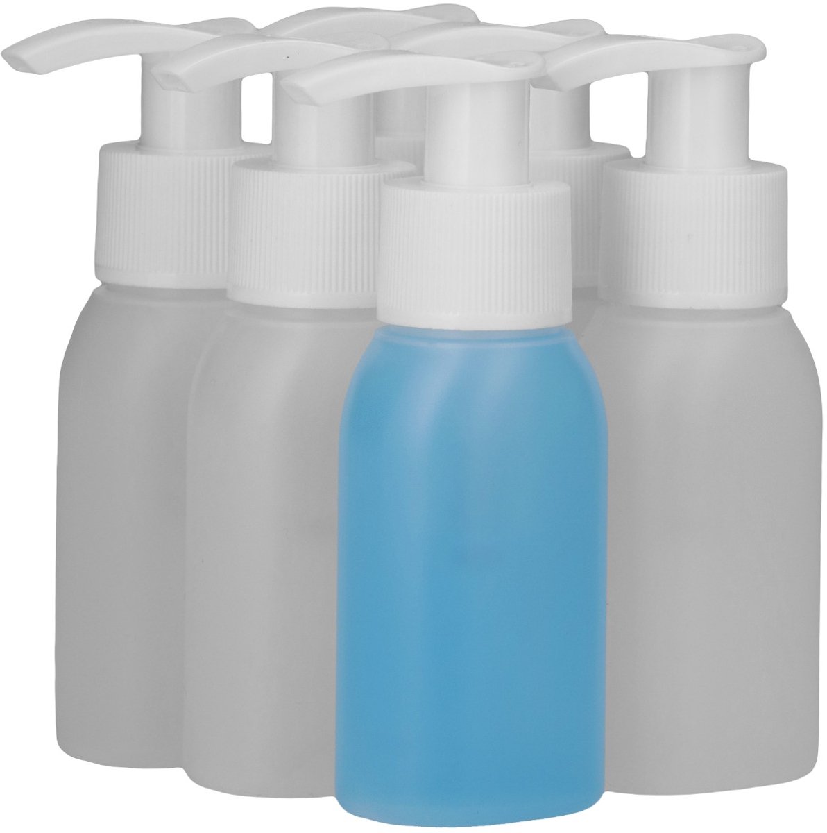 6 x 50 ml Platte fles HDPE naturel + Zeepfles Dispenserpomp wit - Brievenbusfles - BPA Vrij - Niet Breekbaar - Plastic Flesjes Navulbaar - Met Dop - Lege Flessen - 6 stuks