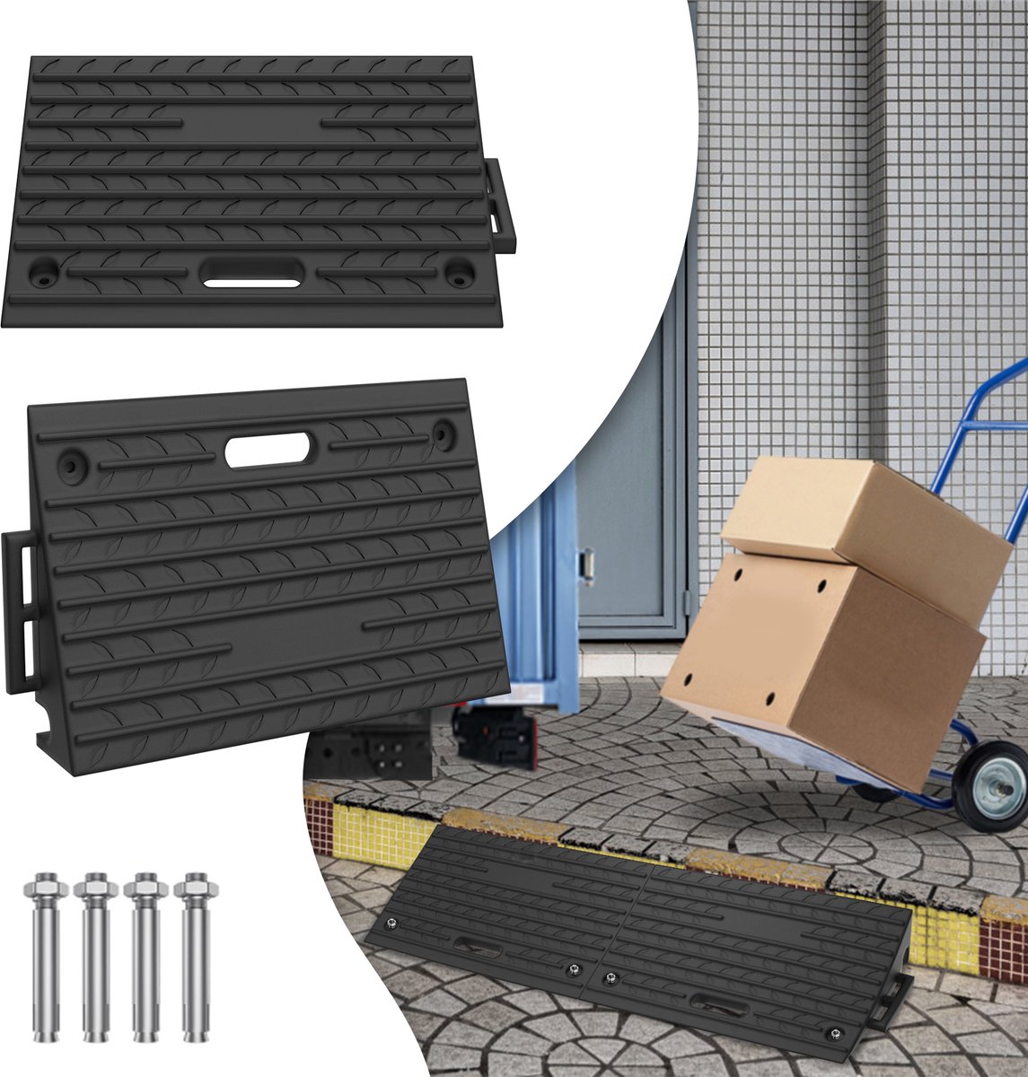 Stoeprandhelling drempeloprijplaat - rubberen oprit 10 cm - 4 stuks - 2000 kg