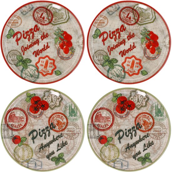 Lot De 2 Assiettes à Pizza Moscou & Rome 33 Cm - Porcelaine Blanche à Bord Vert Ou Rouge - Idéal Pour Service, Antipasti, Barbecue - 6