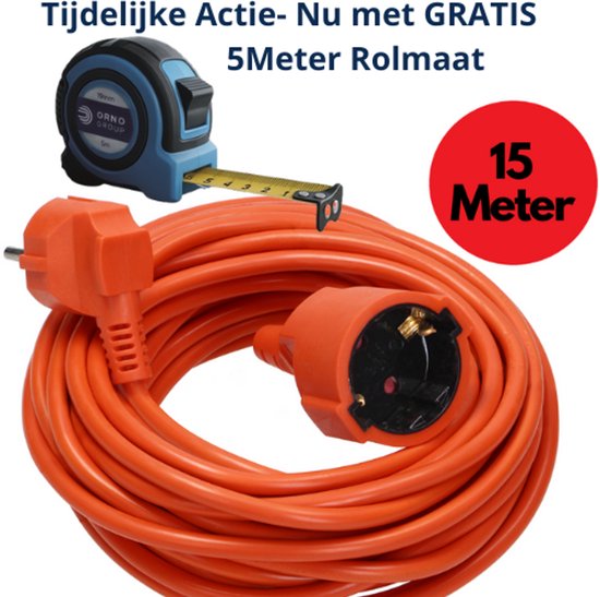 Verlengsnoer 15 meter - Verlengkabel buiten - 3680 Watt - Oranje | bol