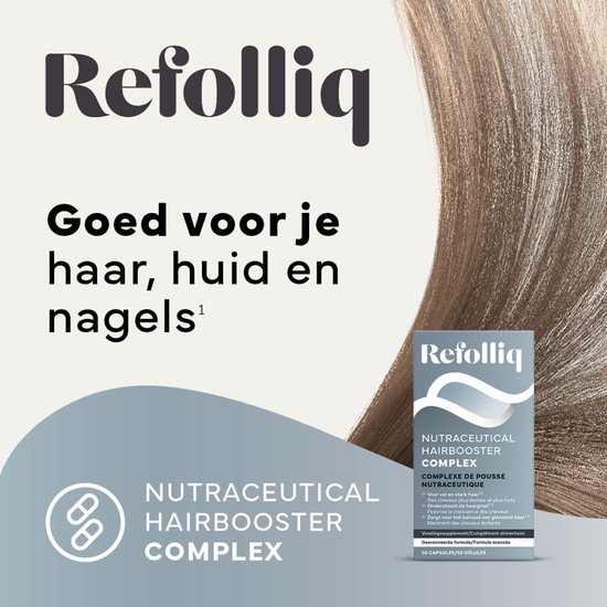 Close-up van glanzend haar en Refolliq Nutraceutical Hairbooster Complex potje. Tekst: Goed voor je haar, huid en nagels.