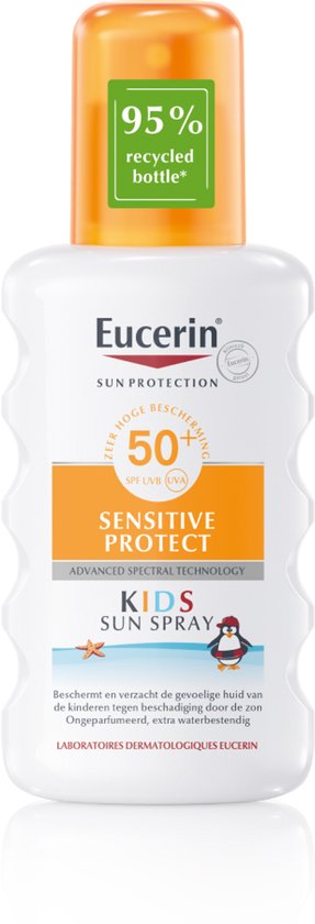 Witte Eucerin zonnesprayfles voor kinderen met oranje dop. SPF 50+.