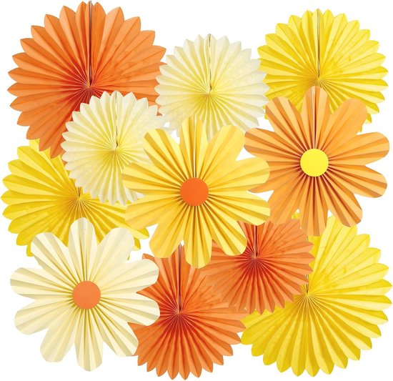 SUNBEAUTY 9 stuks papieren bloemen decoraties roze geel papier fans voor muur bloemen