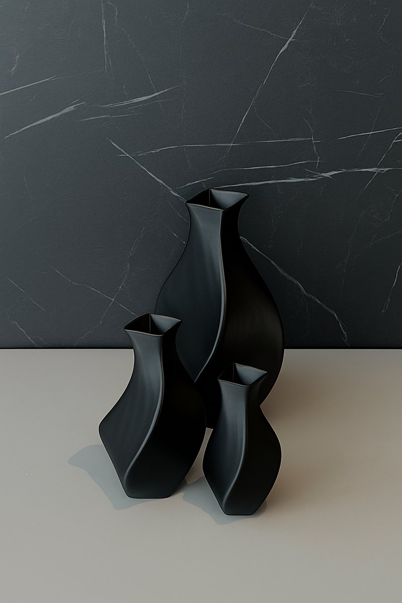 Studio Vaseo Flowa Zwart – Set van 3 Luxe Vazen – 3D Geprint – Duurzaam PLA