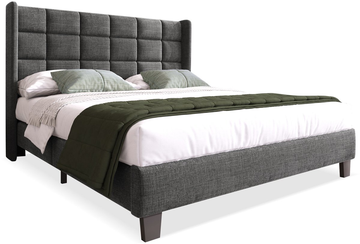 Merax Gestoffeerd Bed met Hoofdbord en Houten Lattenbodem - 140 x 200 cm - Grijs Linnen - Zonder Matras