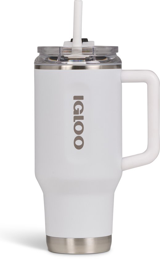 Witte thermobeker met een witte handgreep, een doorzichtig deksel met wit rietje en het 'Igloo' logo.