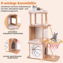 Kattenboom van lichtbruin hout met witte en grijze kussens, met een mand in basketbalstijl. Illustraties tonen gesloten en halfopen kattenholletjes.