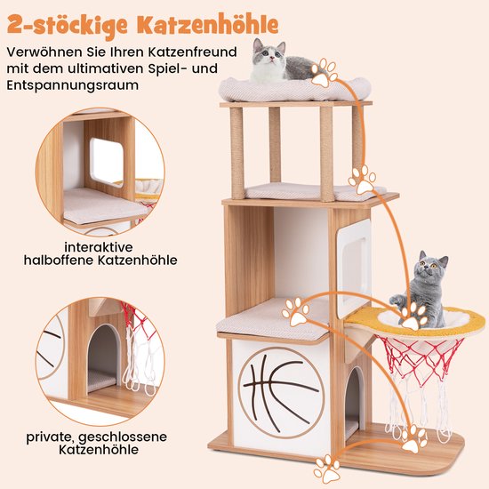 Kattenboom van lichtbruin hout met witte en grijze kussens, met een mand in basketbalstijl. Illustraties tonen gesloten en halfopen kattenholletjes.