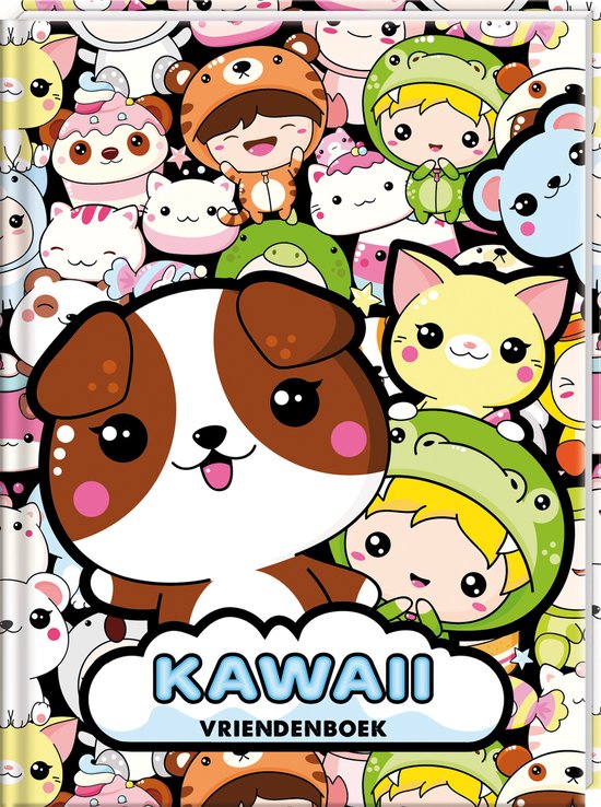 Boek met een veelkleurige print van schattige, cartoonachtige dieren en kinderen in dierenkostuums. De tekst 'KAWAII VRIENDENBOEK' staat op een wolk.