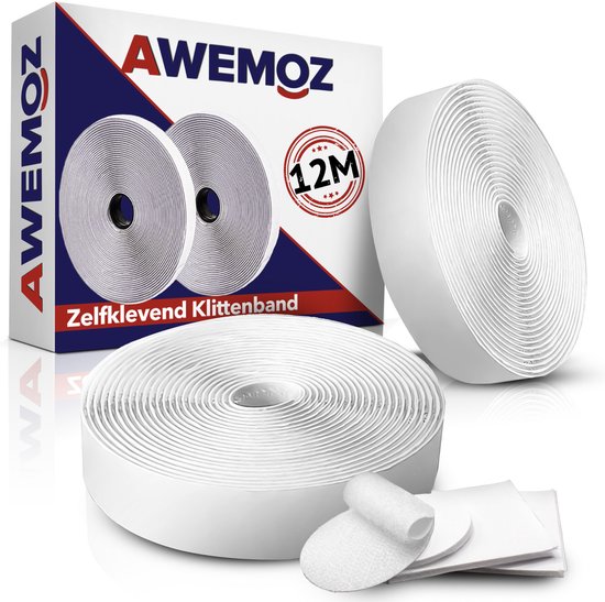 AWEMOZ Klittenband Zelfklevend - 2 x 12 Meter Lang - Velcro Wit - Extra Sterk