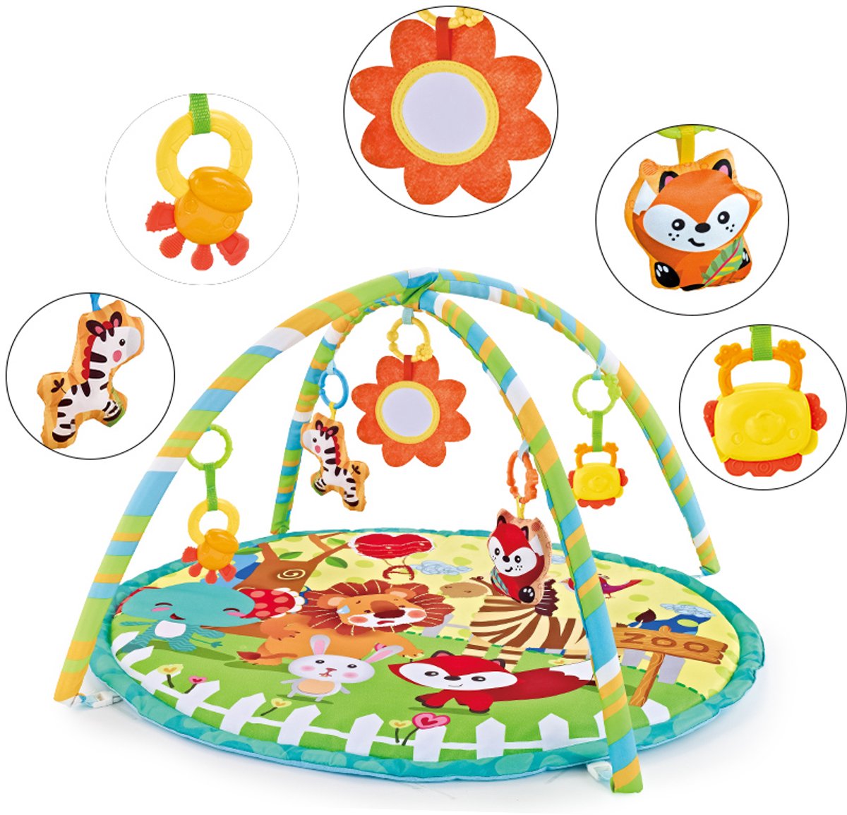 FUEGOBIRD - Baby Play Mat - Colorful Zoo - Deluxe Gym - Color Interaction and Grasping toys - Beautiful sound - Developmental play for babies from 2 months+ - Round — afbeelding 7