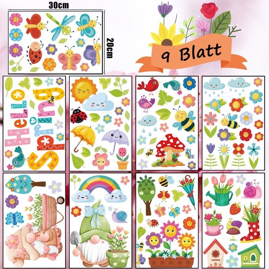 Stickers Fenêtre Papillons & Fleurs Printemps - 9 Feuilles Autocollants Vitre Électrostatiques Réutilisables - Décoration Chambre Enfant Anti-Collision Oiseaux