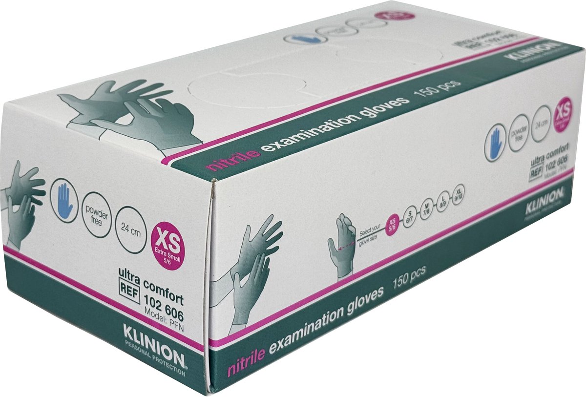 Klinion Personal Protection Ultra Comfort - Handschoenen - Nitril - Poedervrij - Maat XS (Extra Small) - Blauw - 150 stuks